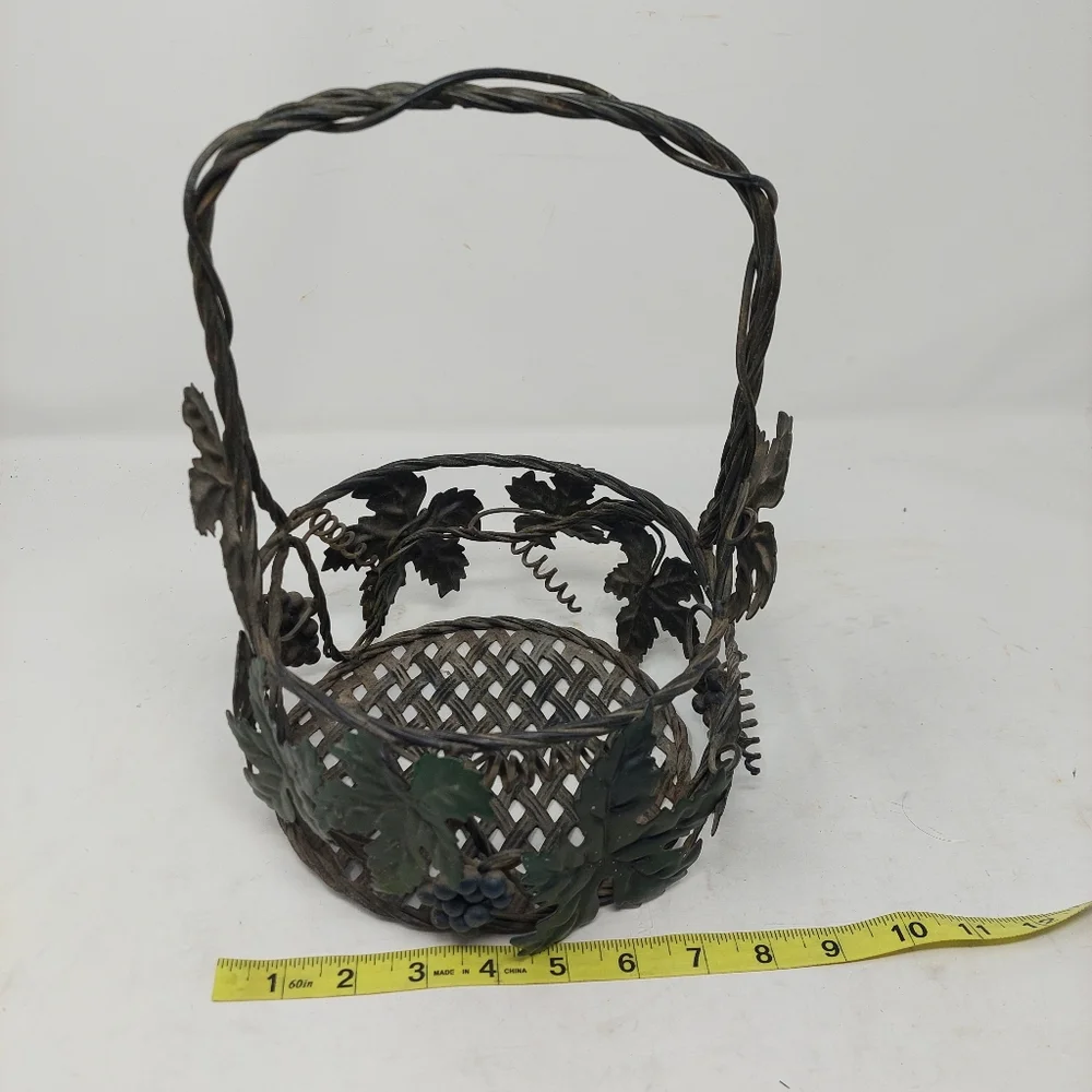 Wrought Iron Woven Grapes Ivy Metal Basket Open Weave Tuscan Wine Decorative
